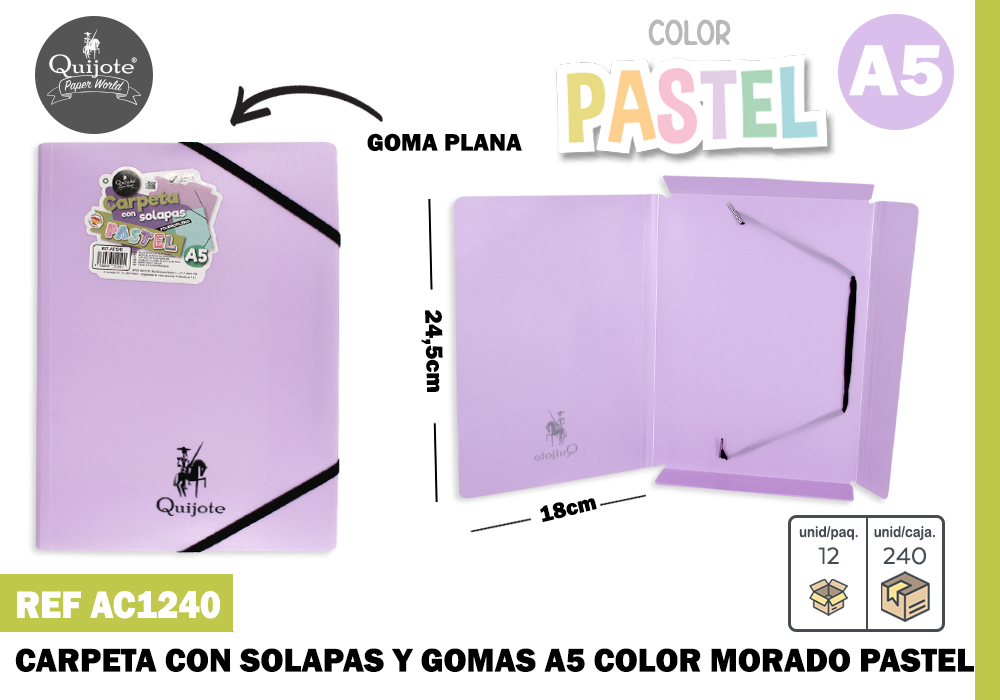 CARPETA GOMA Y SOLAPA A5 MORADO PASTEL