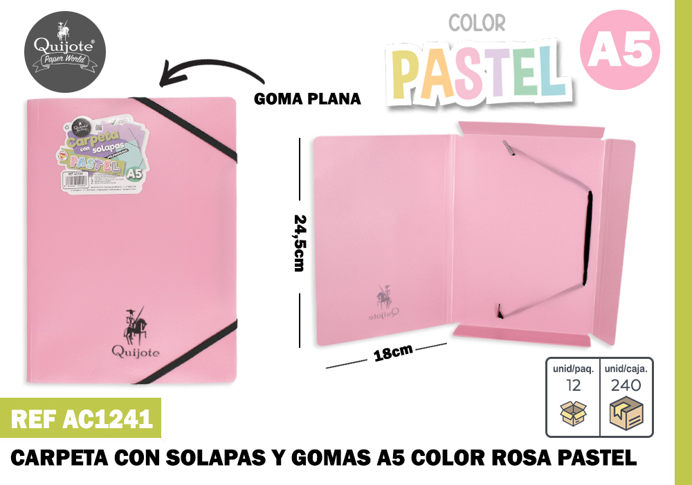 CARPETA GOMA Y SOLAPA A5 ROSA PASTEL