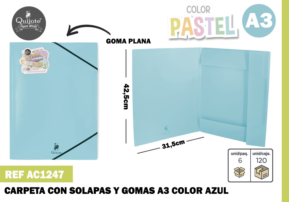 Carpeta solapas con goma A3 azul pastel