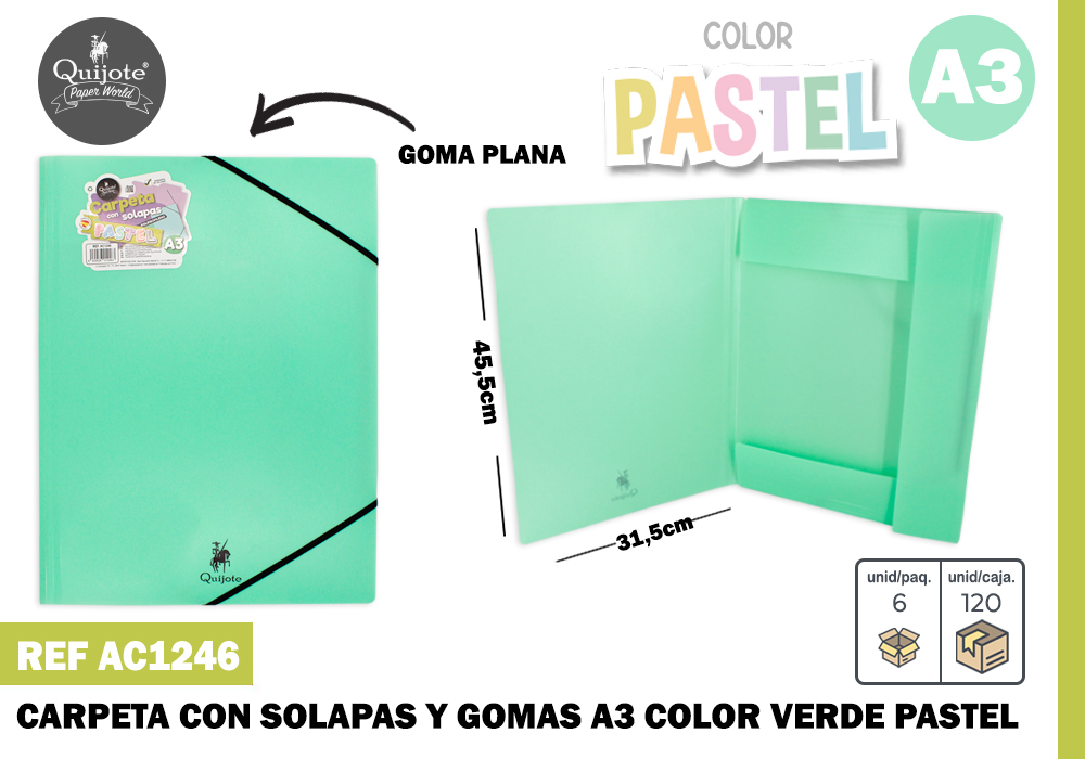 Carpeta solapas con goma A3 verde pastel