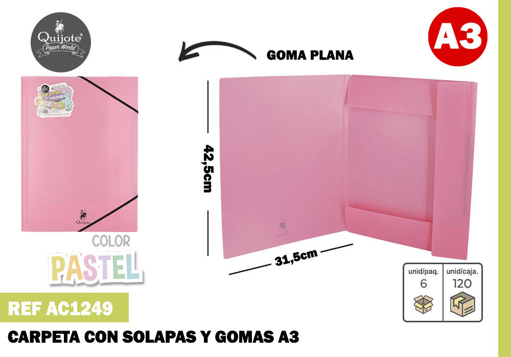 Carpeta solapas con goma A3 rosa pastel