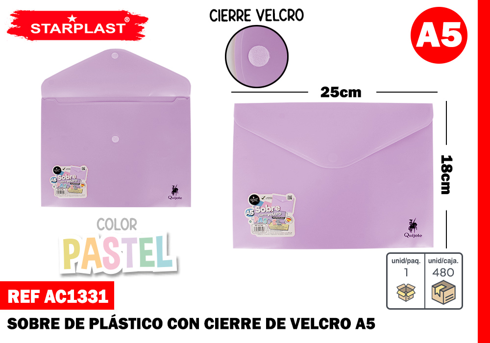 SOBRE CIERRE VELCRO A5 LILA PASTEL