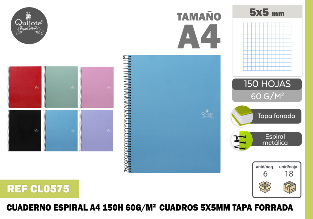 EU-CUADERNO T.FORRADA A4 150H 60G C.5*5MM